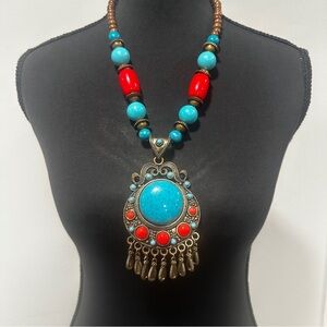 Turquoise & Red Bohemian Statement Pendant Necklace